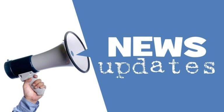 Hand holding megaphone with "NEWS updates" text, promoting pet care tips in Bullhead City on blue and white background.