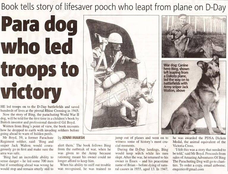 Article featuring Bing, a military dog parachuting on D-Day, with photos of Bing and handler highlighting wartime heroics.